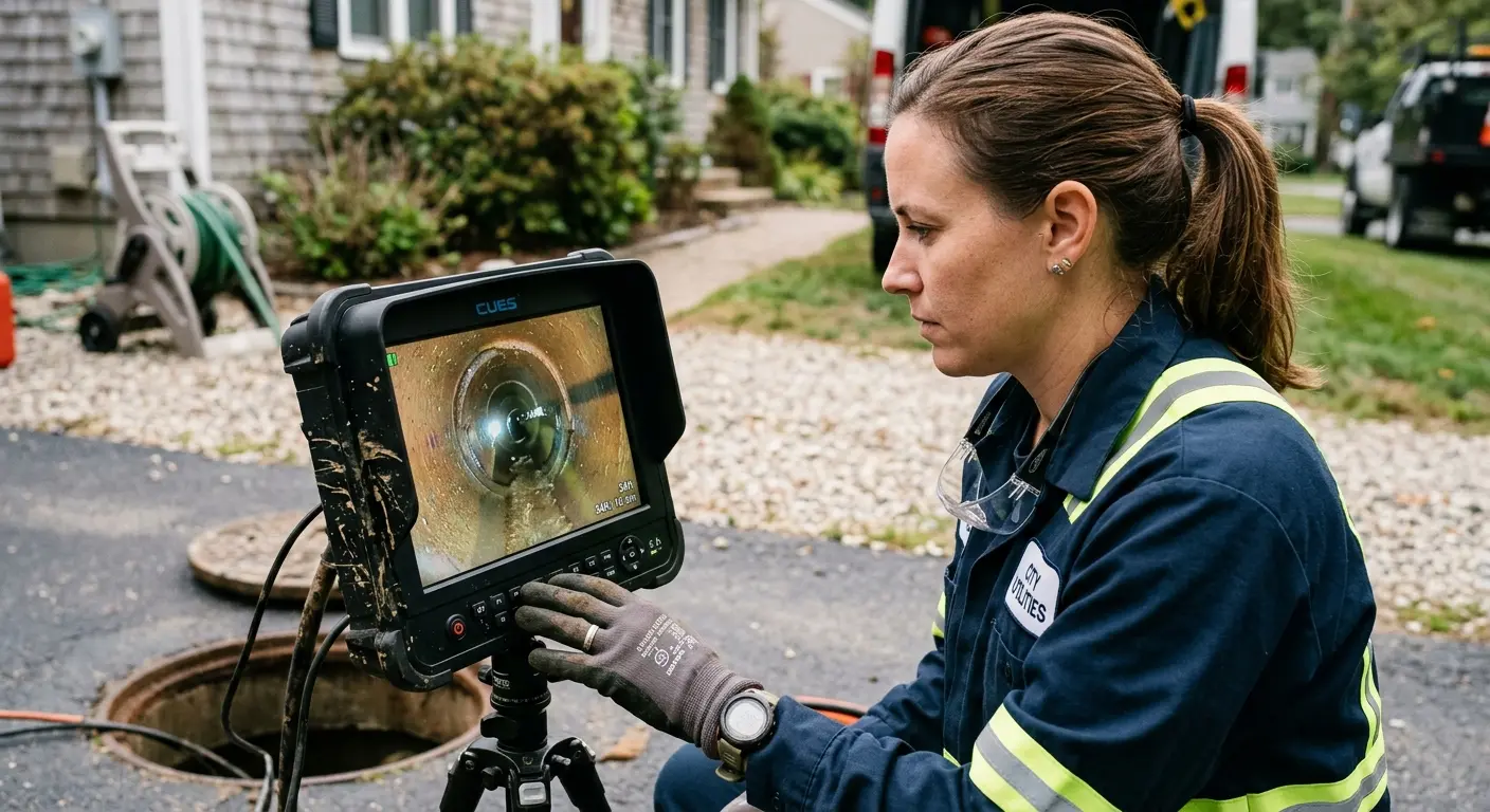 Technician reviewing sewer camera inspection footage in Leacock