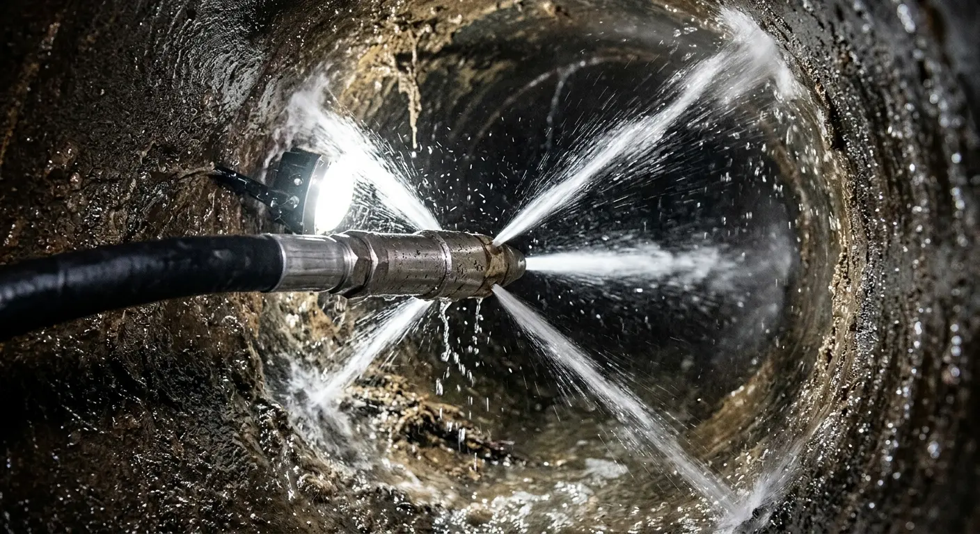 High-pressure hydro jetting nozzle cleaning sewer pipe for Emergency Drain Service in Leacock