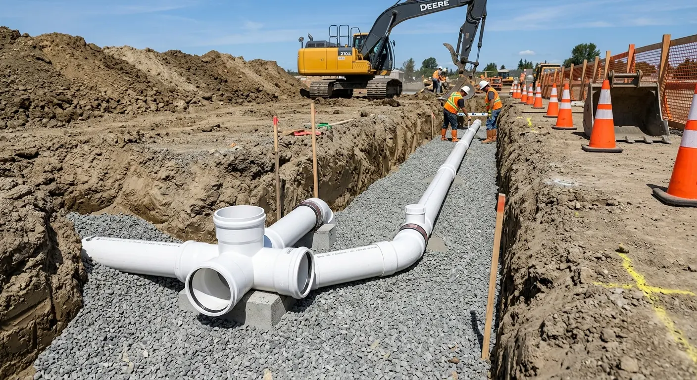 New PVC sewer pipe installation in open trench for Grease Trap Cleaning in Leacock