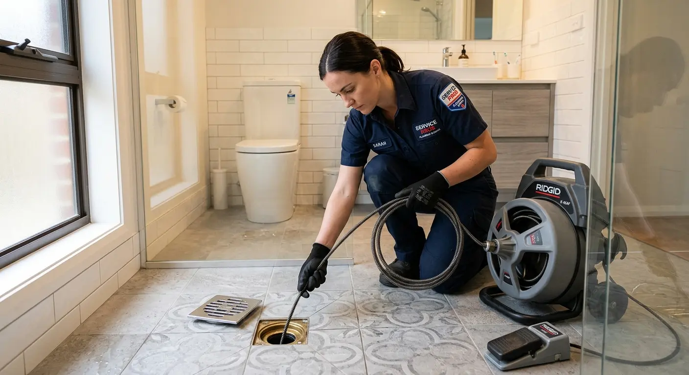 Technician clearing a bathroom floor drain for Sewer Line Replacement in Leacock